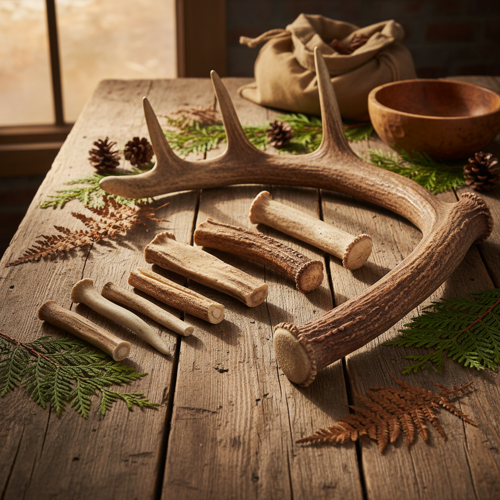 Natural Harvested Deer Antler Dog Chews in small, medium, and large sizes